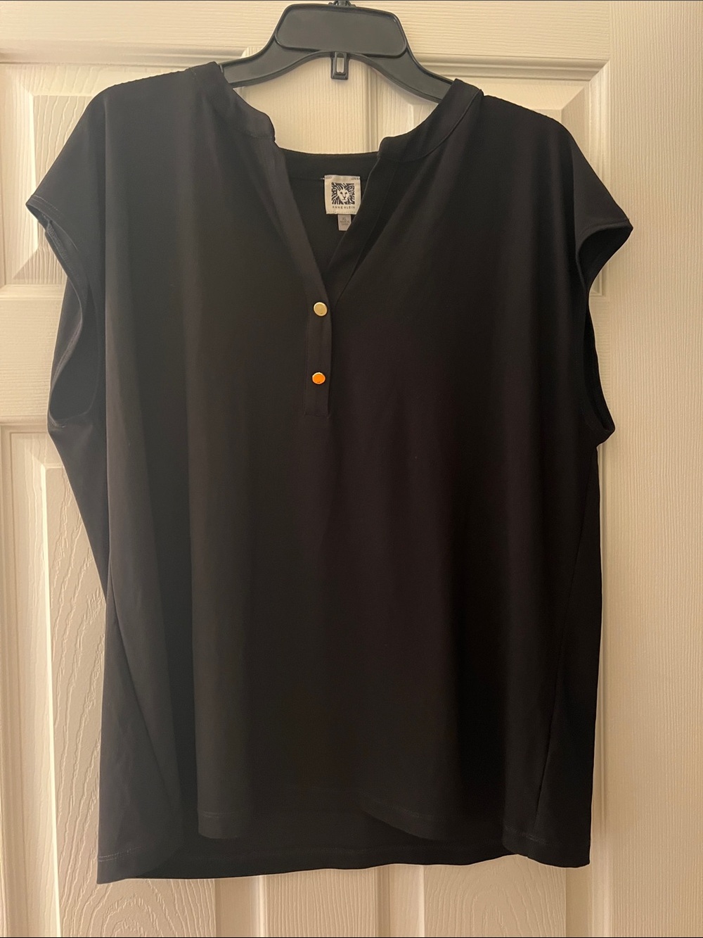 Anne Klein Black Cap-Sleeve Henley Top with Accent Buttons